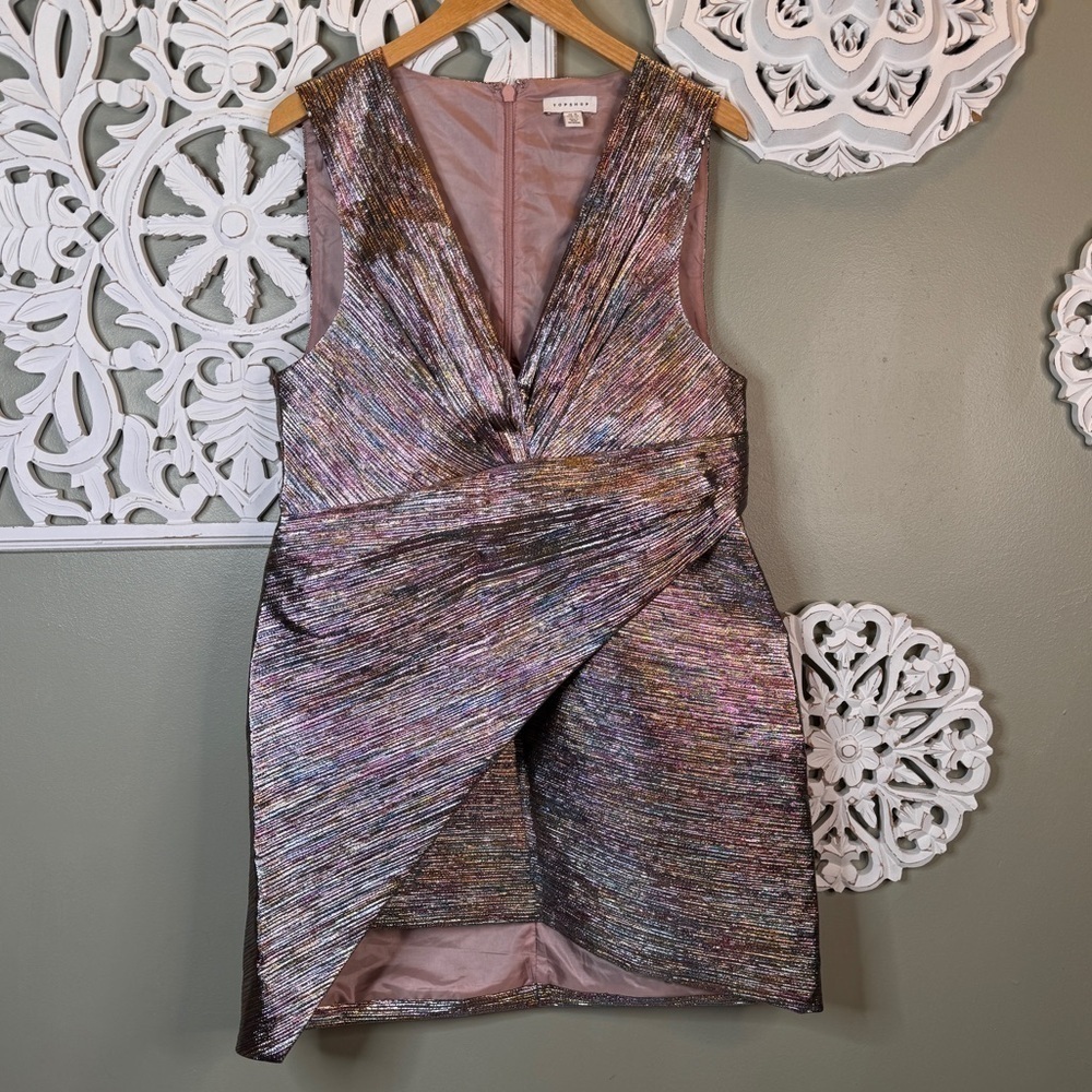 TOPSHOP Rainbow Metallic Faux Wrap Dress Zip Lined 12